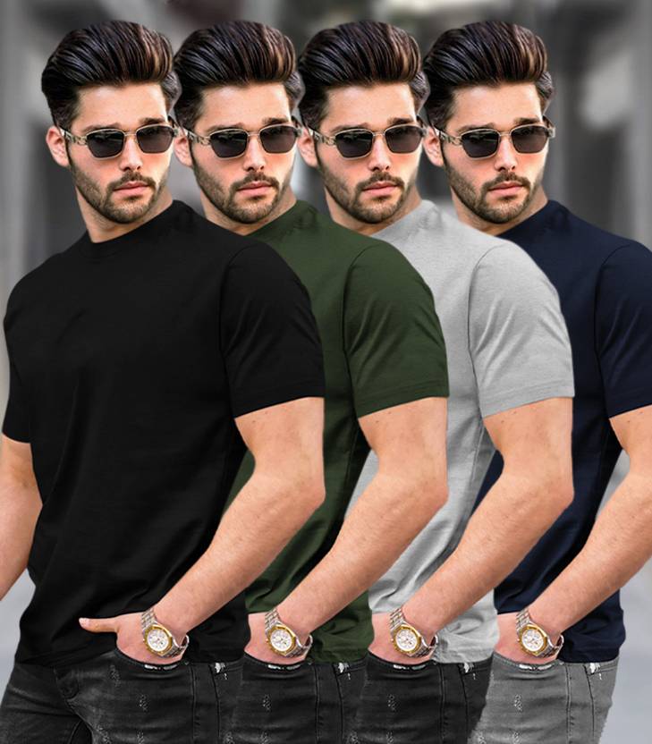 TRIPR Pack of 4 Men Solid Round Neck Cotton Blend Multicolor T-Sh...more